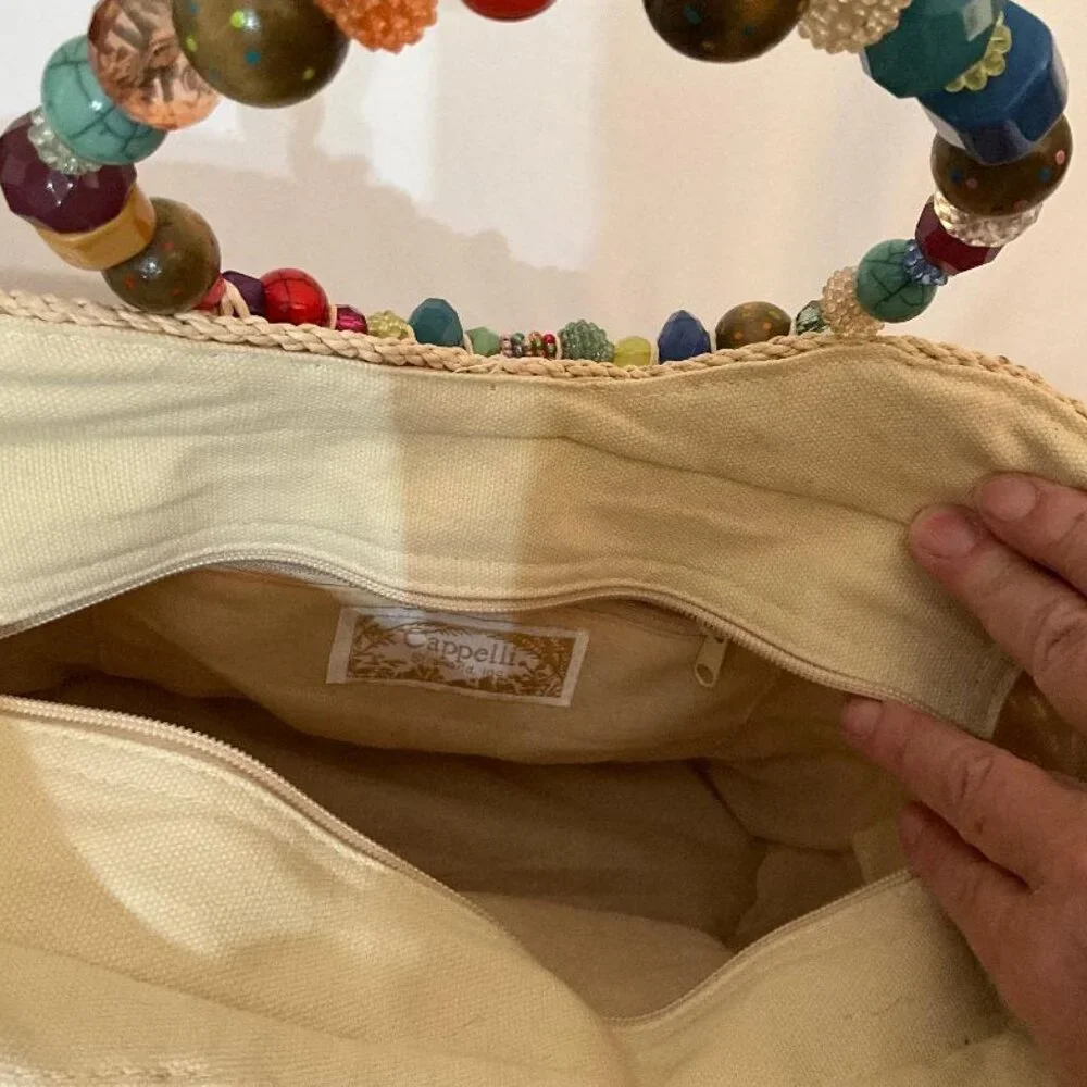 CAPPELLI of N.Y.Straw World wicker bag NWOT colorful jewel/beaded handles - Picture 4 of 5
